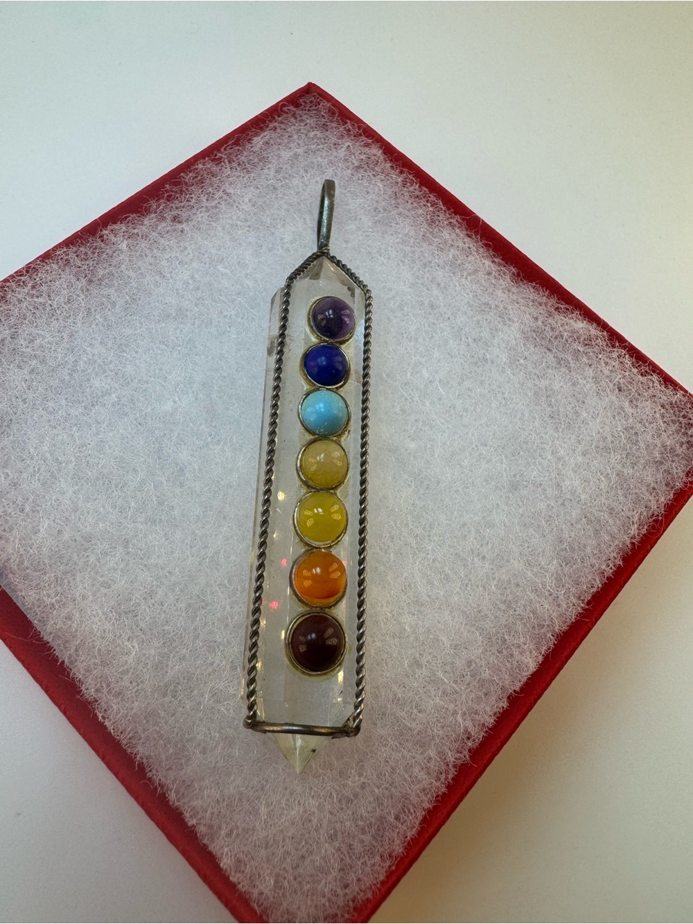 Crystal 7 Chakra Pendant Silver 3” Quartz Chakra with inclusions in Quartz